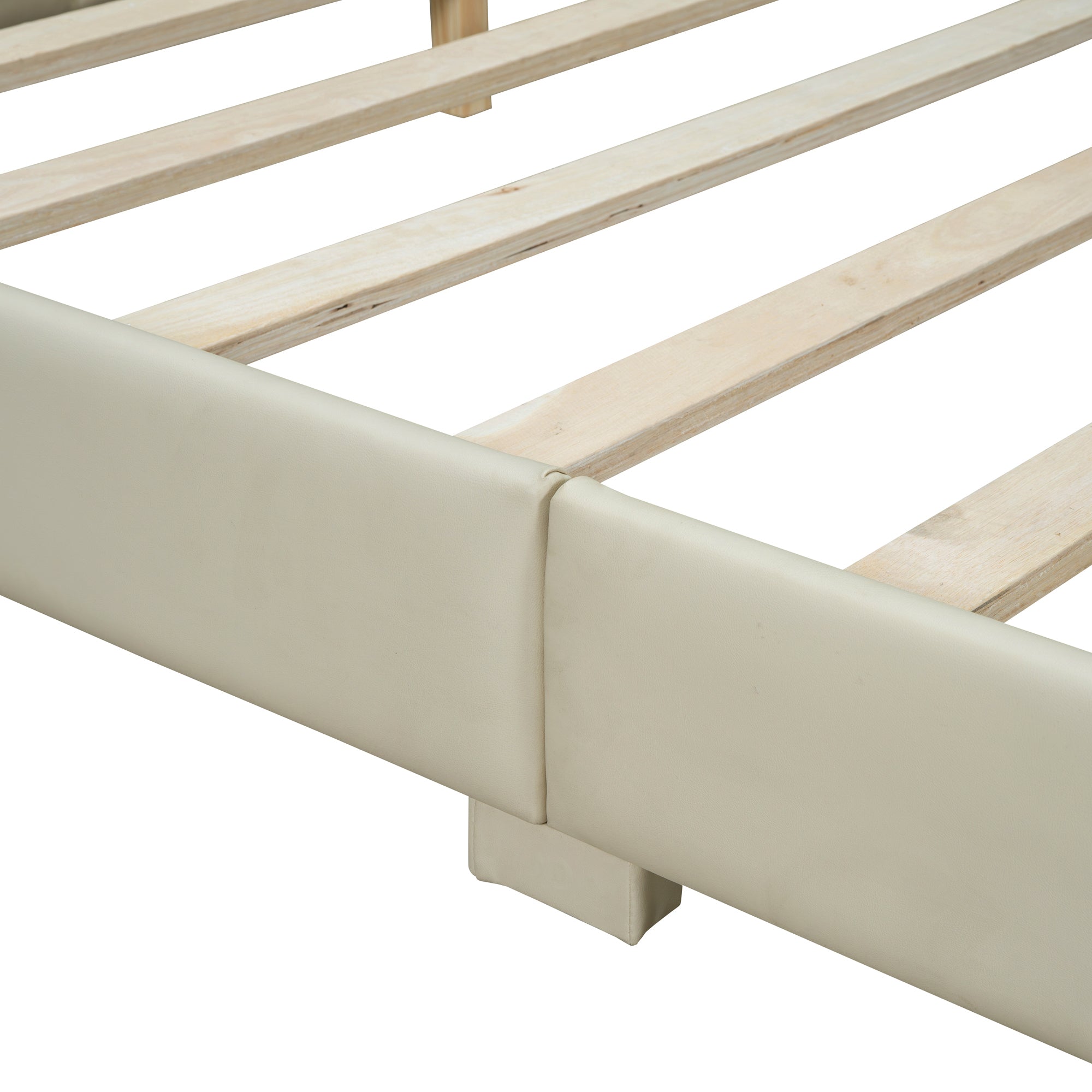 Queen Size & Twin XL Size Upholstered Platform Bed, Mother & Child Bed, PU Leather, Beige - Atlantic Fine Furniture Melbourne FL