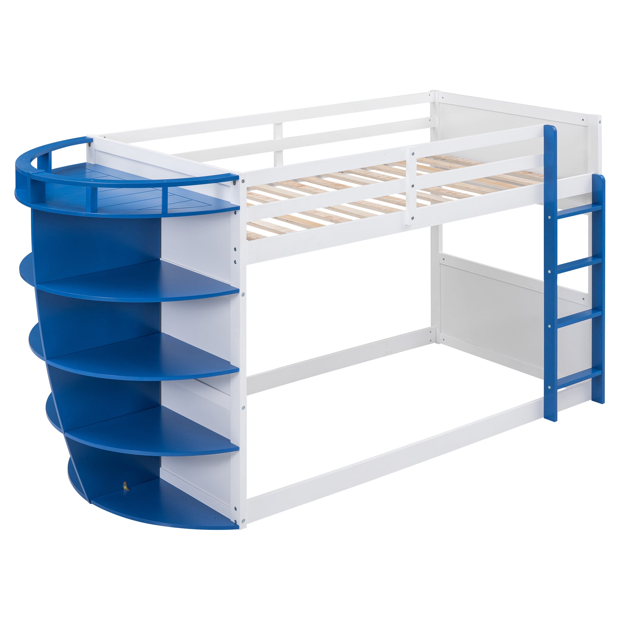 Twin over Twin Boat-Like Shape Bunk Bed with Storage Shelves, White+Blue - Atlantic Fine Furniture Melbourne FL