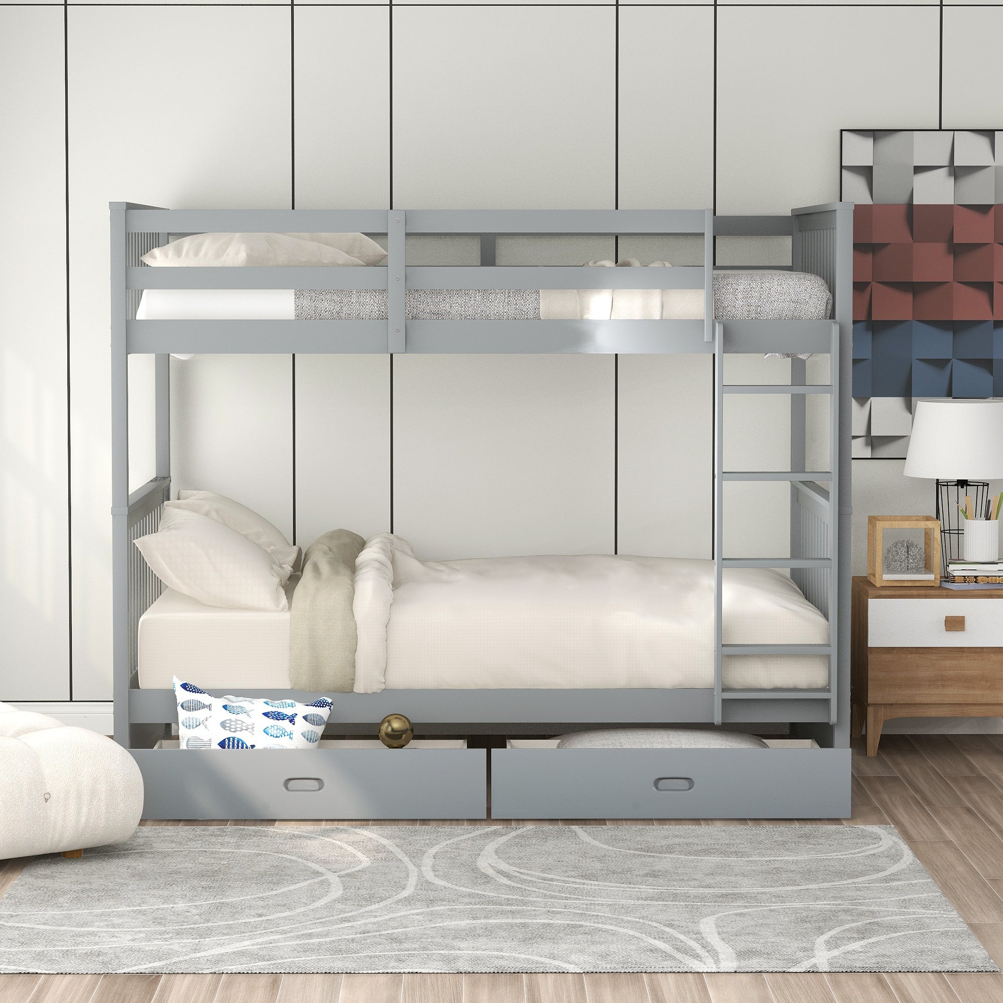 Twin-Over-Twin Bunk Bed with Ladders and Two Storage Drawers (Gray)(LT000265AAE) - Atlantic Fine Furniture Melbourne FL