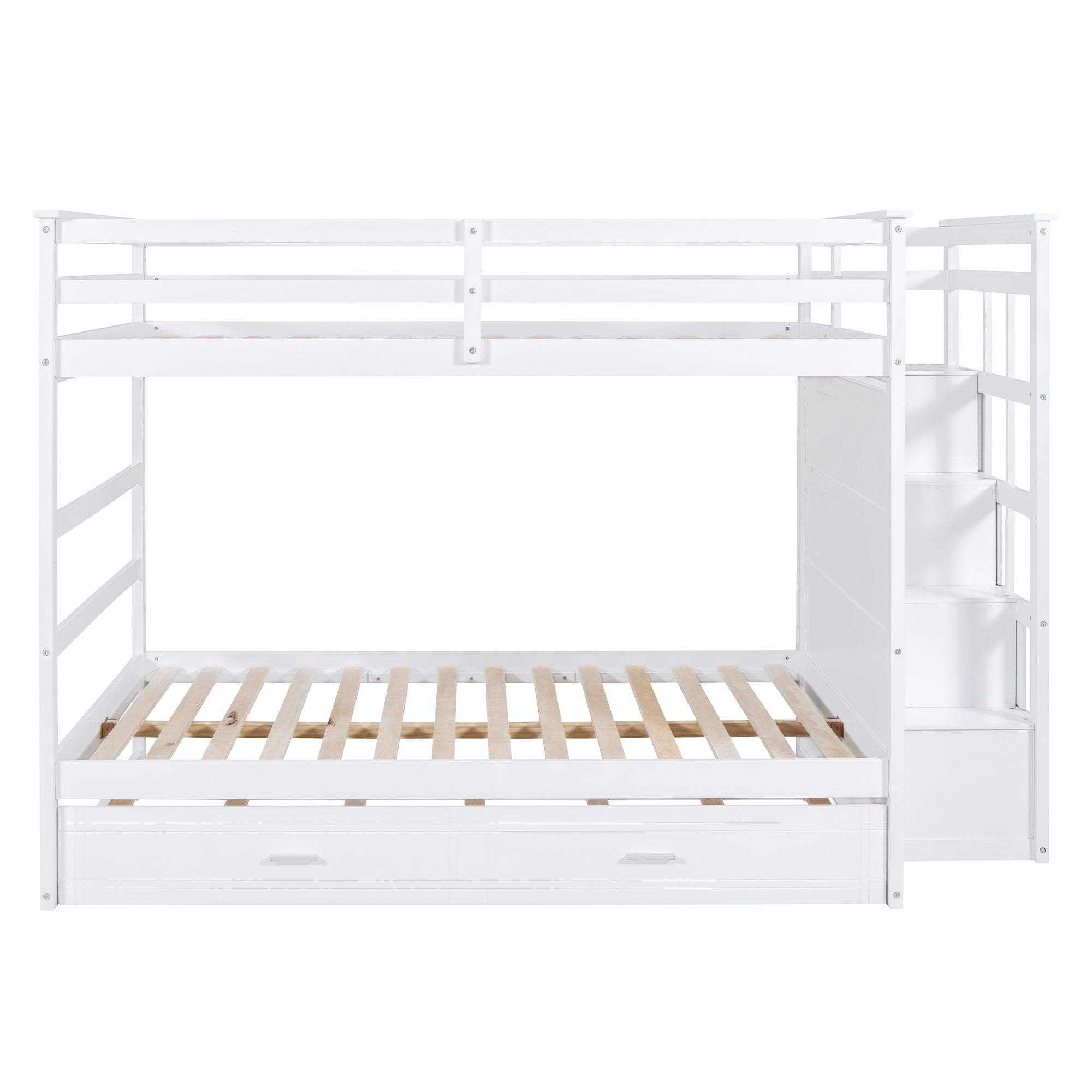 Full Over Full Bunk Bed with Twin Size Trundle and Staircase, White - Atlantic Fine Furniture Melbourne FL