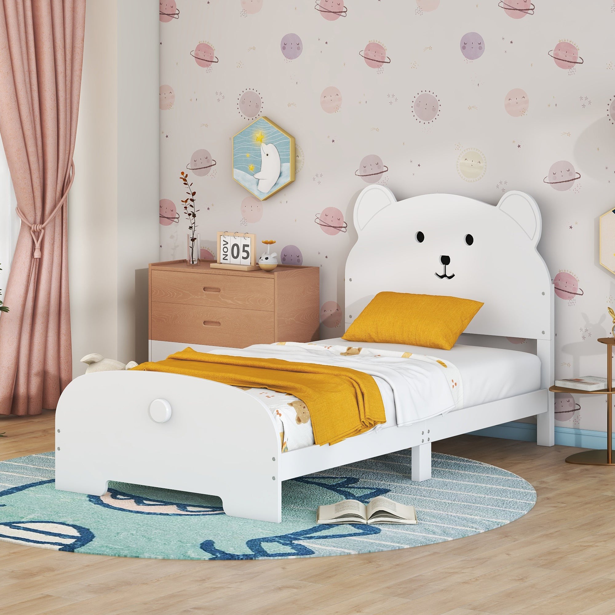 Twin Size Wood Platform Bed with Bear-shaped Headboard and Footboard,White - Atlantic Fine Furniture Melbourne FL