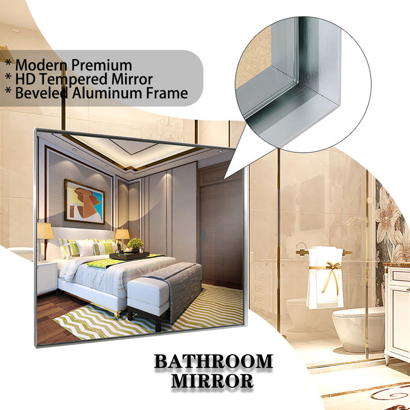 36X30" Glossy Brushed Silver Framed Mirror For Bathroom Rectangular Wall Bathroom Mirror Metal Frame Farmhouse Mirror Large Decorative Square Corner Rectangle Mirror (Horizontal & Vertical) - Silver