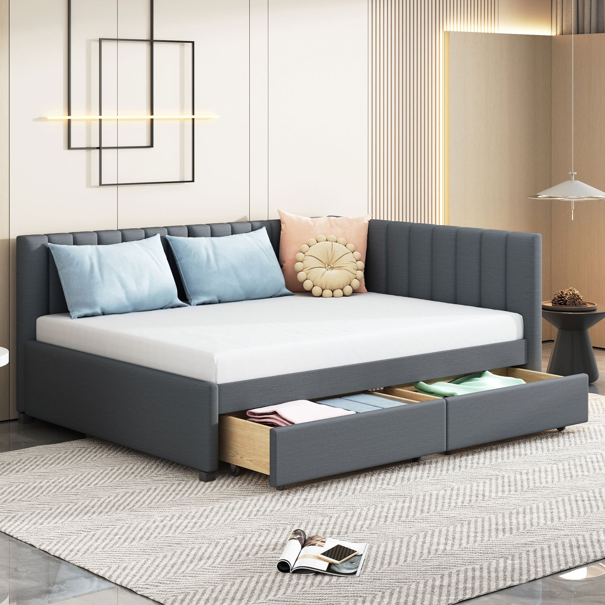 Full Size Upholstered Daybed with 2 Storage Drawers Sofa Bed Frame No Box Spring Needed, Linen Fabric (Gray) - Atlantic Fine Furniture Melbourne FL