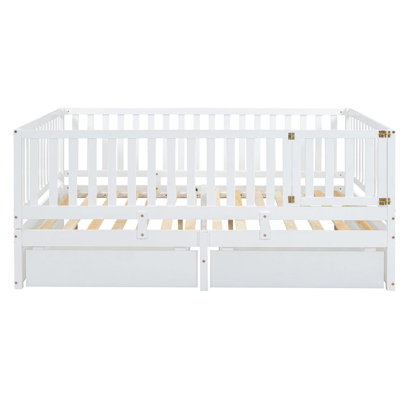 Daybed With Fence Guardrails And 2 Drawers, Split Into Independent Floor Bed & Daybed