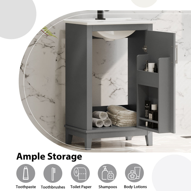 Modern Small Bathroom Vanity Cabinet With Ceramic Basin, Ample Storage, 1 Soft Close Door