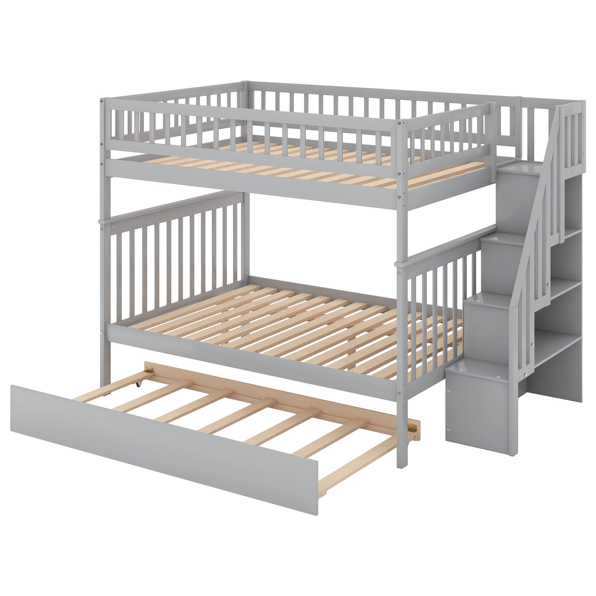 Full over Full Bunk Bed with Trundle and Staircase,Gray - Atlantic Fine Furniture Melbourne FL