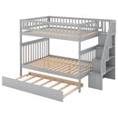 Full over Full Bunk Bed with Trundle and Staircase,Gray