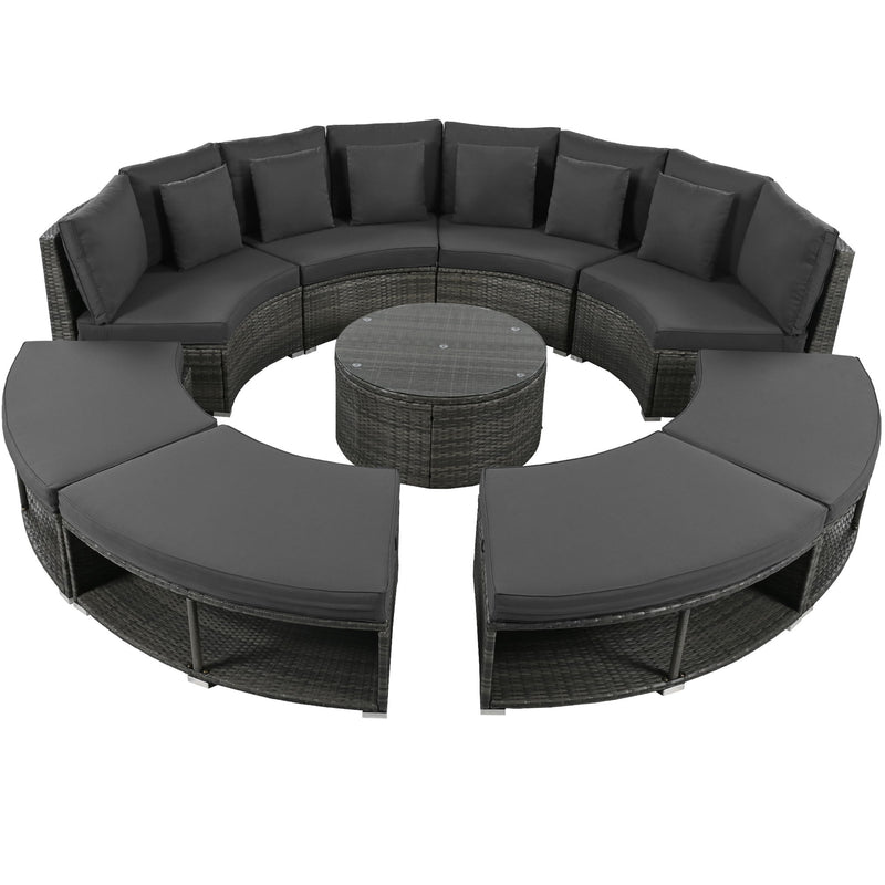 Outdoor Patio Furniture Luxury Circular Sofa Set Rattan Wicker Sectional Sofa Lounge Set With Tempered Glass Coffee Table, 6 Pillows