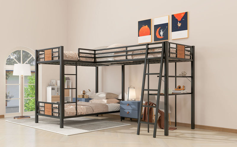 L-Shaped Twin Over Twin Bunk Bed With Twin Size Loft Bed With Desk And Shelf - Brown
