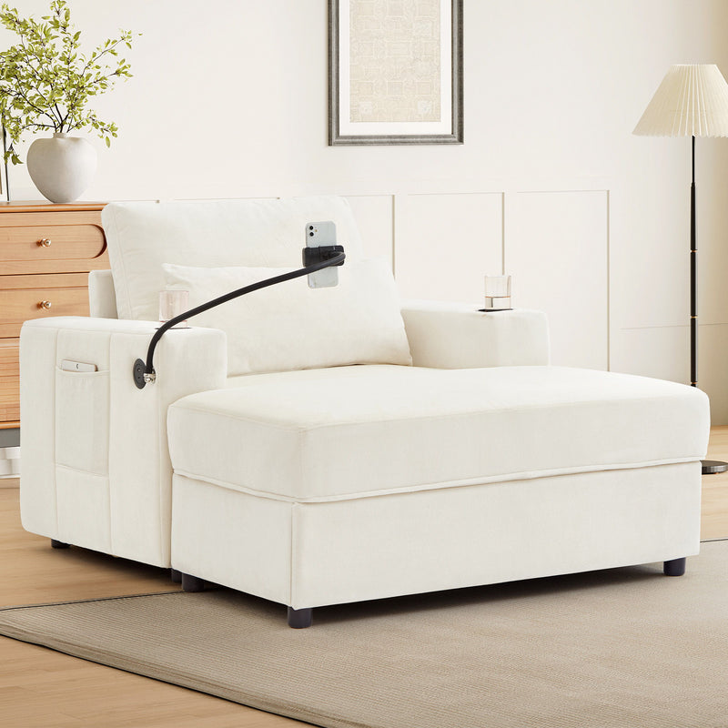 Modern Style Armchair Chaise Lounge Sofa Couch With Movable Storage Ottoman, USB Ports, Cup Holders, Phone Holder, Side Pockets