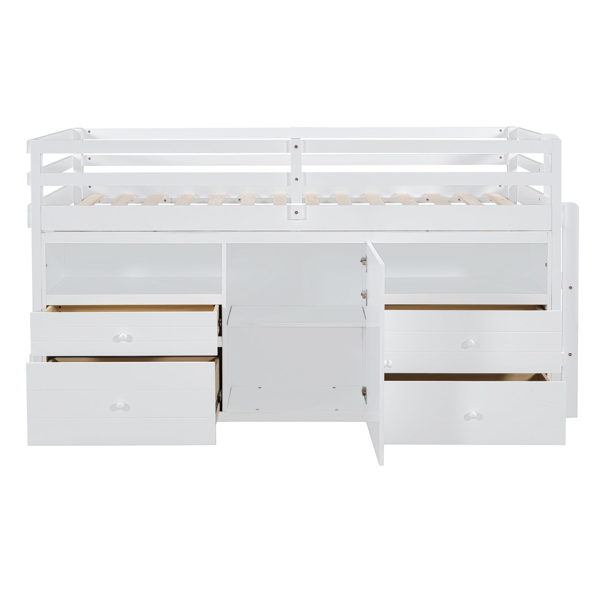 Twin Size Loft Bed with 4 Drawers, Underneath Cabinet and Shelves, White - Atlantic Fine Furniture Melbourne FL