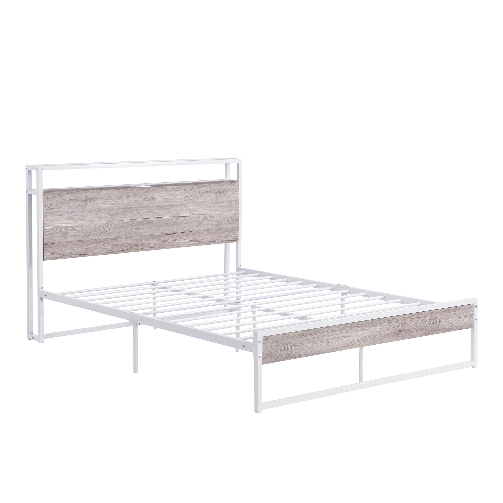 Full Size Metal Platform Bed Frame with Sockets, USB Ports and Slat Support ,No Box Spring Needed White