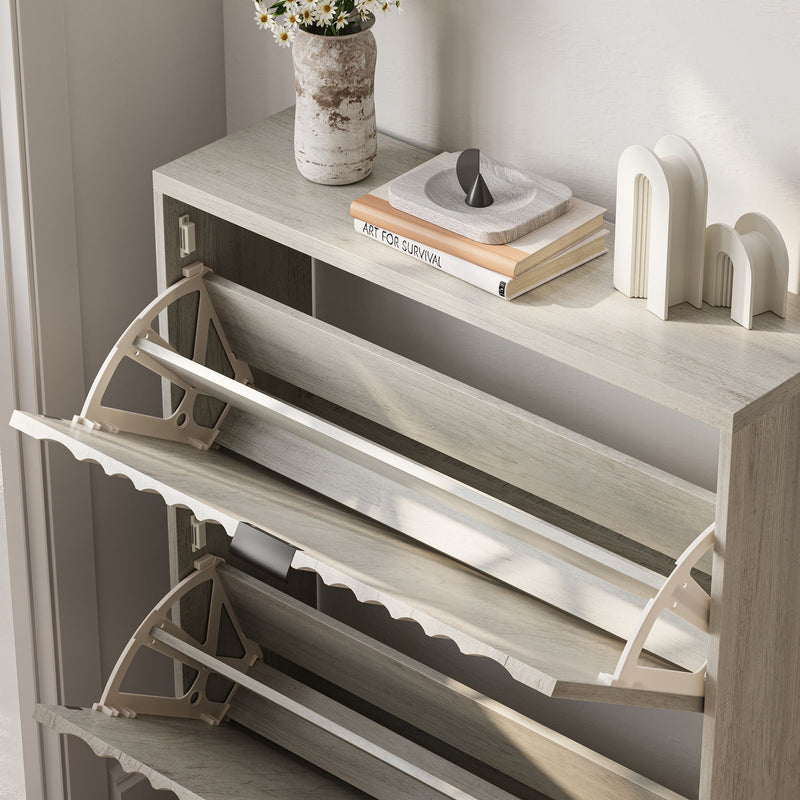 Shoe Cabinet With 2 Flip Drawers, Fluted Shoe Storage Cabinet For Entryway, Free Standing Shoe Storage Organizer With Wave Doors For Heels, Boots, Slippers In Hallway, Living Room - Gray