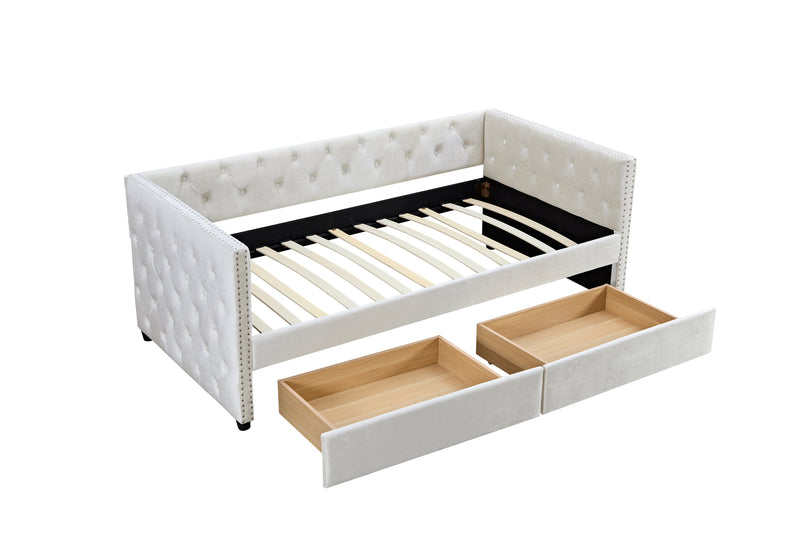 Sofa bed with drawers, modern velvet upholstered sofa bed with button tufted sofa bed frame with double drawers, bedroom living room furniture,Beige (83.47''x42.91''x30.71''')