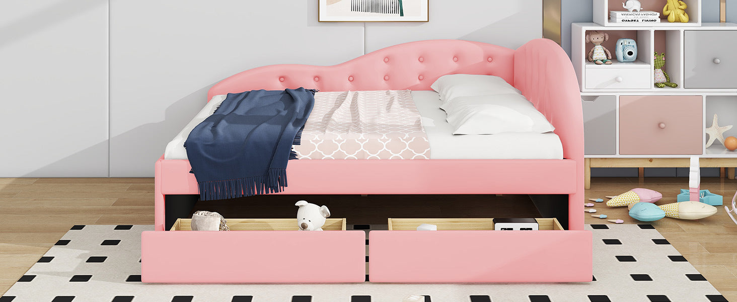 Full Size PU Upholstered Tufted Daybed with Two Drawers and Cloud Shaped Guardrail, Pink - Atlantic Fine Furniture Melbourne FL
