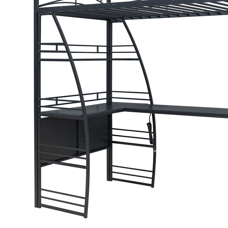 Loft Bed With 4 Layers Of Shelves And L-Shaped Desk, Stylish Metal Frame Bed With A Set Of Sockets, USB Ports And And Wireless Charging