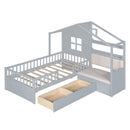 House Bed With Sofa, Kids Platform Bed With 2 Drawers And Storage Shelf