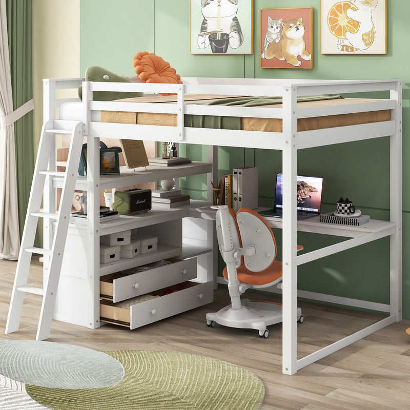 Full Size Loft Bed With Desk And Shelves, Two Built - In Drawers, White