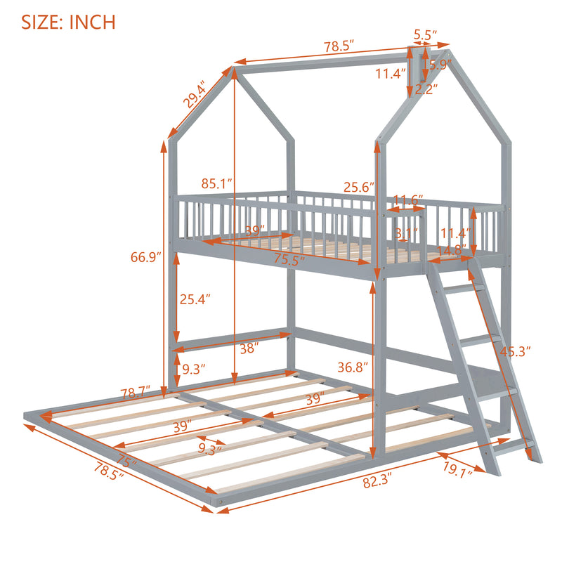 Twin Over Twin-Twin House Bunk Bed with Extending Trundle and Ladder