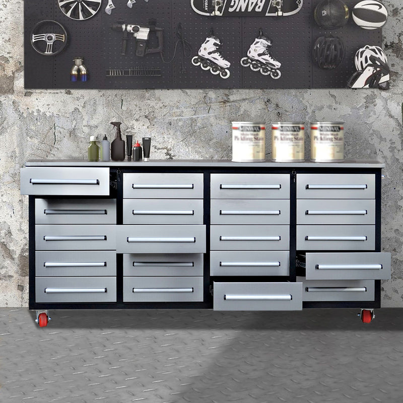 Garage Storage Cabinets With Workbench (20 Drawers) - Silver