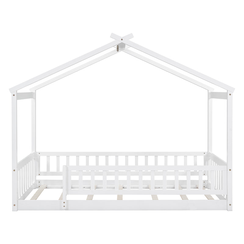 Twin Size Wood Bed House Bed Frame with Fence, for Kids, Teens, Girls, Boys,White