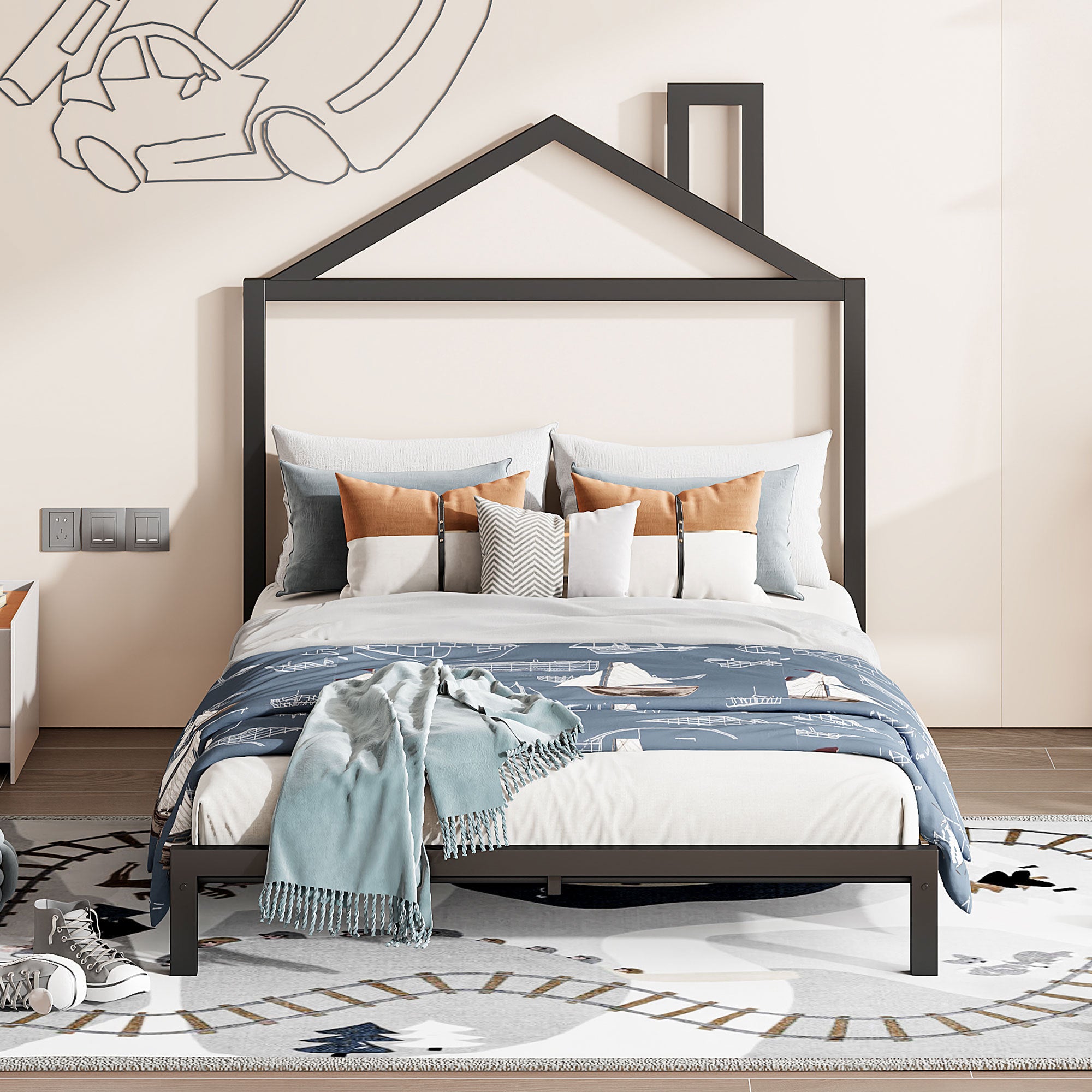 Full Size Metal Platform Bed with House-Shaped Headboard Design, Black - Atlantic Fine Furniture Melbourne FL