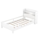 Wood Platform Bed With Built In LED Light, Storage Headboard And Guardrail