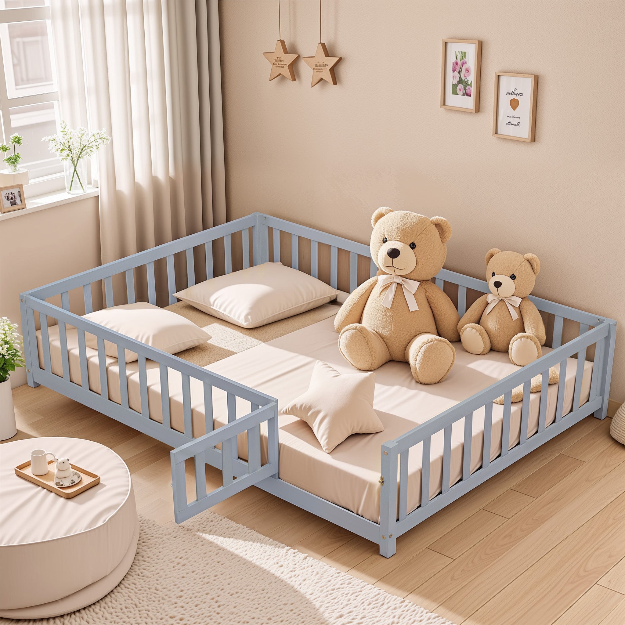 Full Size Floor Platform Bed with Fence and Door for Kids, Montessori Floor Bed Frame with Support Slats for Toddlers, Wooden Floor Bed Grey - Atlantic Fine Furniture Melbourne FL