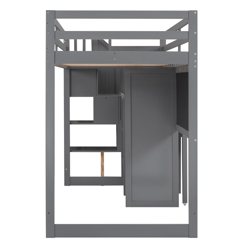 Twin Size Loft Bed with Pullable Desk and Storage Shelves,Staircase and Blackboard,Gray