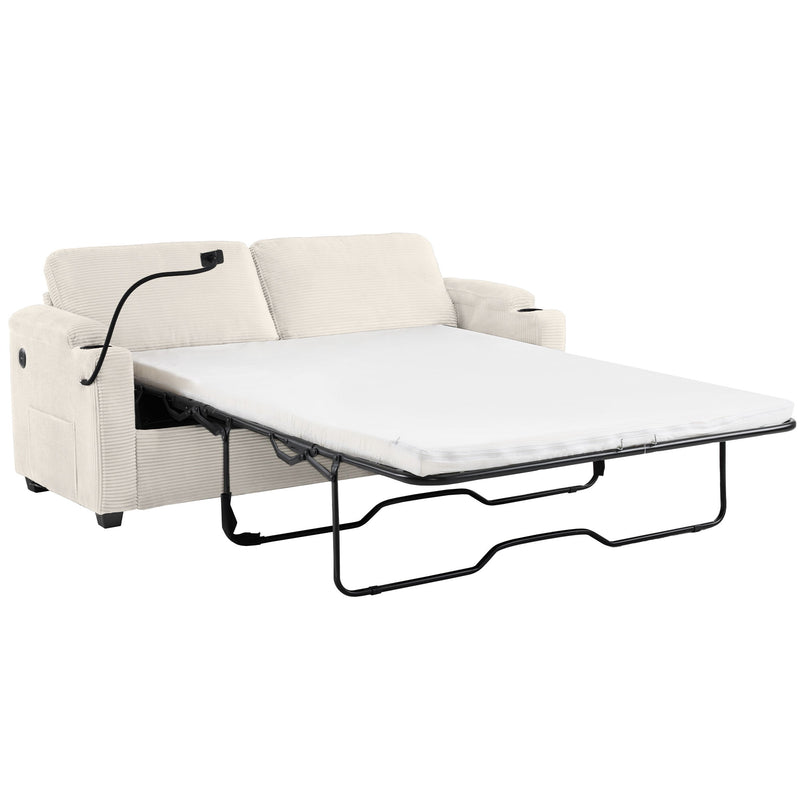 Corduroy Sleeper Sofa Loveseat Sofa With Full Size Mattress, 2 USB Ports, 2 Cup Holders, 2 Side Pockets And Phone Holder