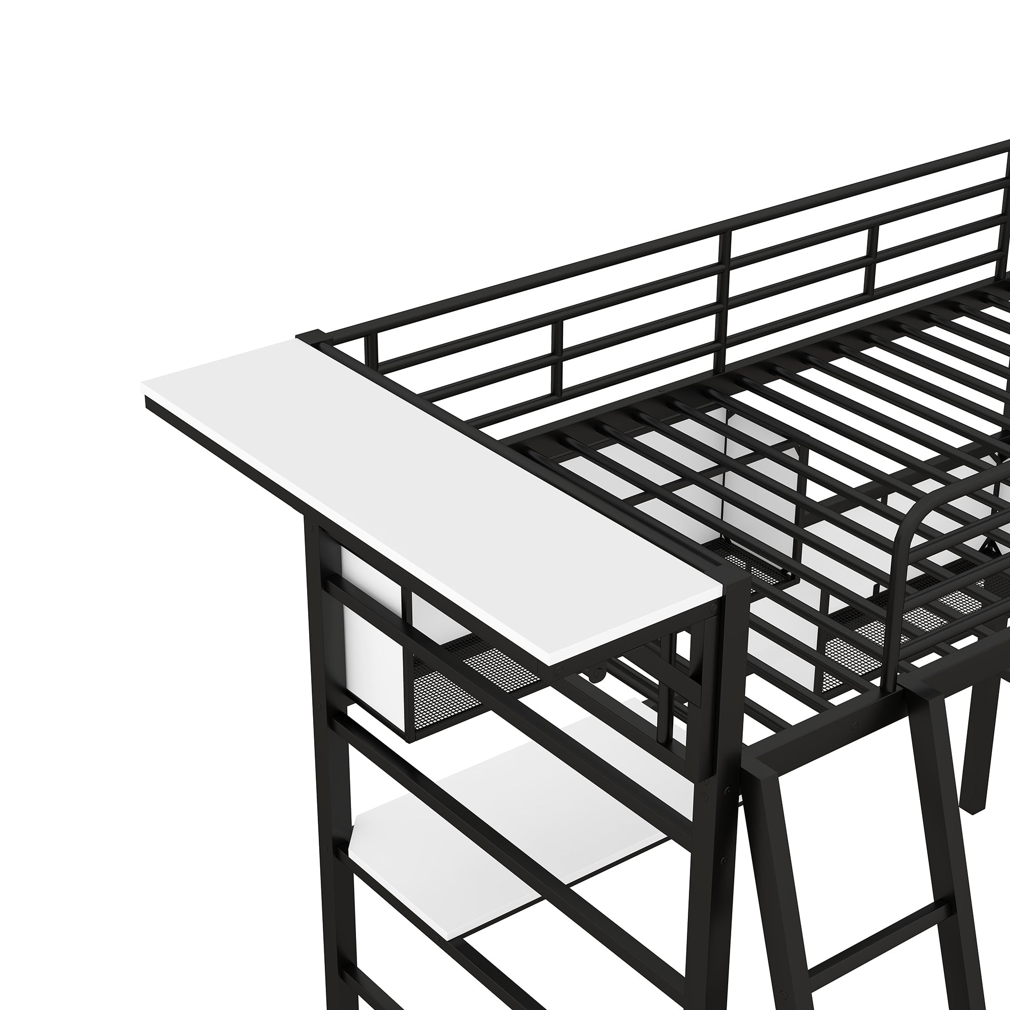 Twin Size Metal Loft Bed with 2 Shelves, a desk and a Hanging Clothes Rack, Black and White - Atlantic Fine Furniture Melbourne FL