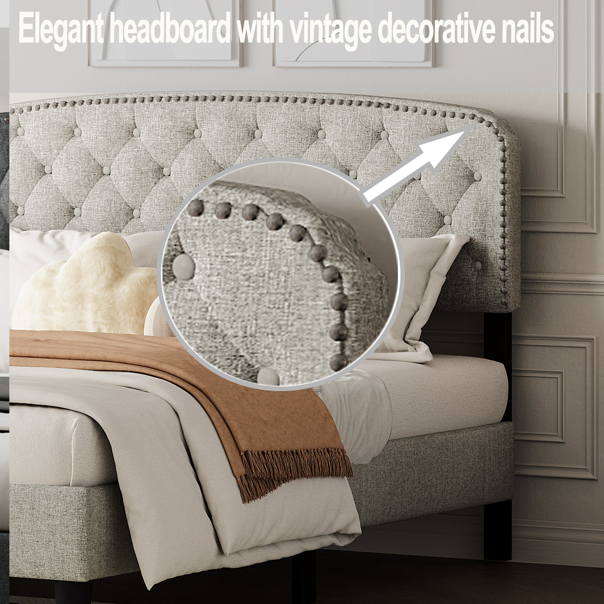 Queen size Adjustable Headboard with Fine Linen Upholstery and Button Tufting for Bedroom,  Wave Top  cream White