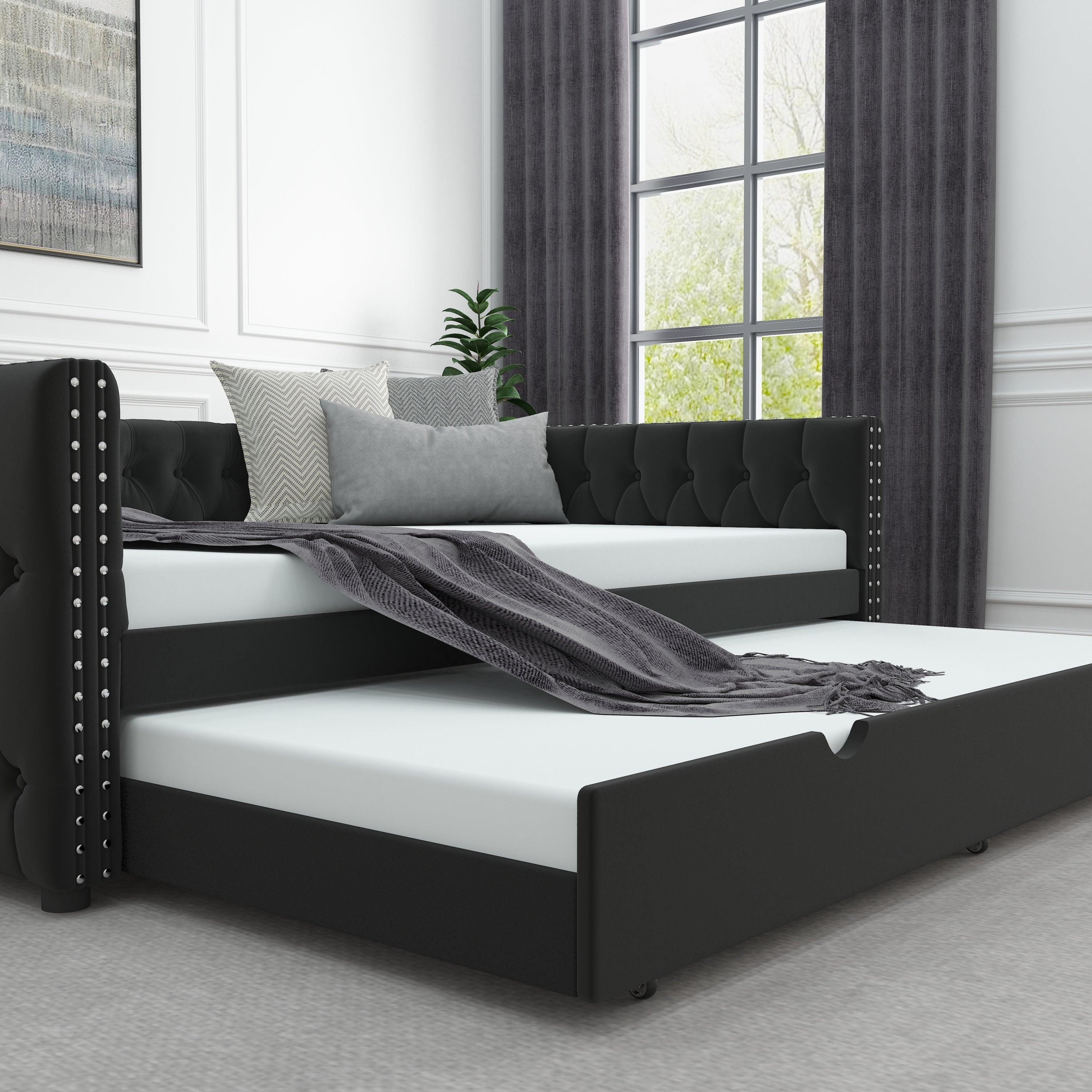 Daybed with Trundle Velvet Upholstered Tufted Sofa Bed, with Button and Copper Nail onSquare Arms,Full Daybed & Twin Trundle-  For Bedroom, Living Room, Guest Room,(83"x57"x26") - Atlantic Fine Furniture Melbourne FL