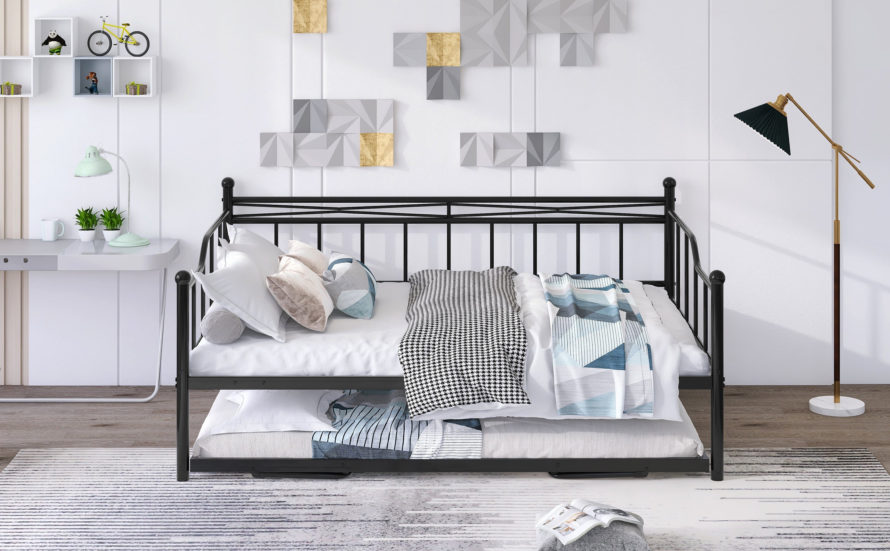 Full Size Metal Daybed with Twin Size Adjustable Trundle, Portable Folding Trundle, Black(OLD SKU:MF293736AAB)
