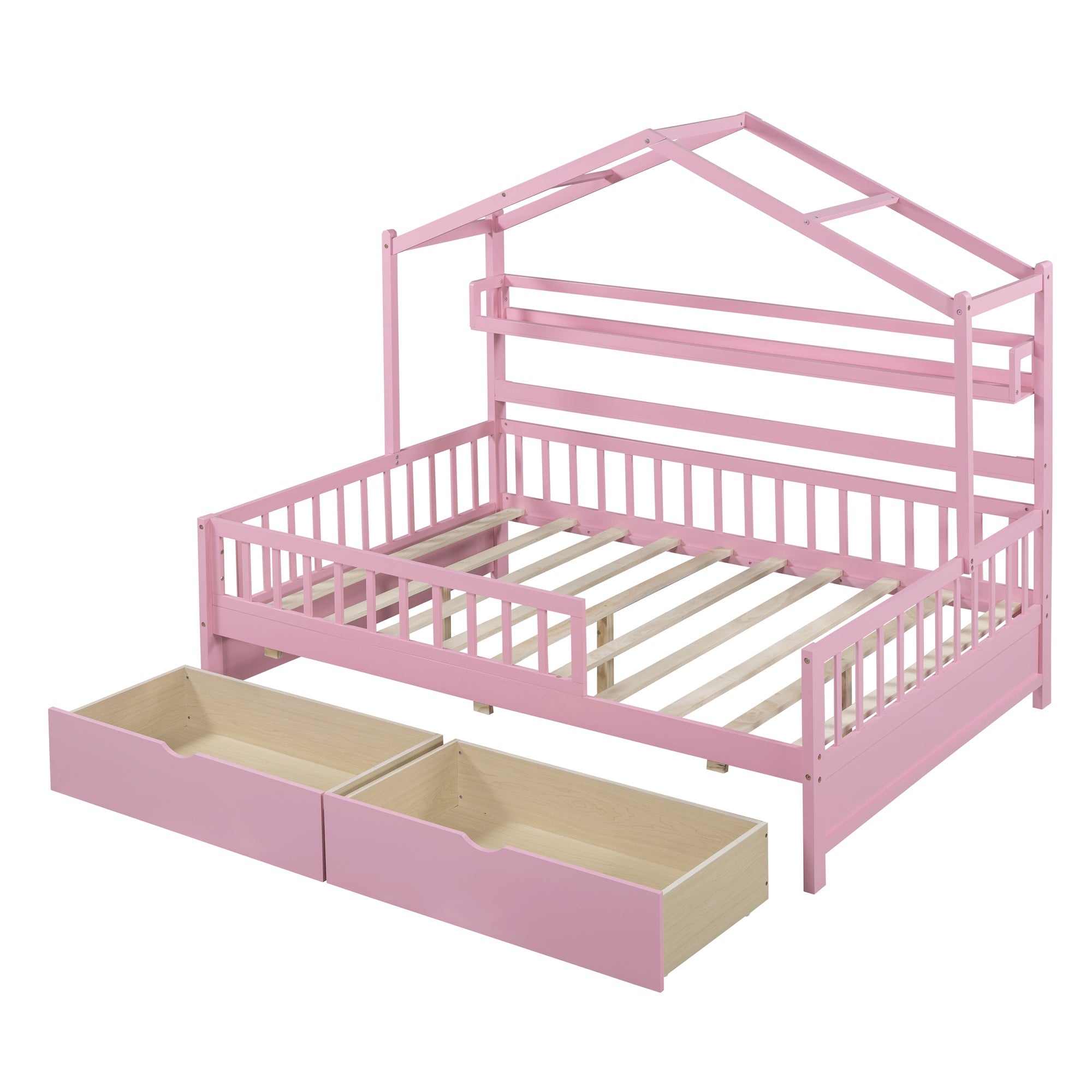 Wooden Full Size House Bed with 2 Drawers,Kids Bed with Storage Shelf, Pink - Atlantic Fine Furniture Melbourne FL