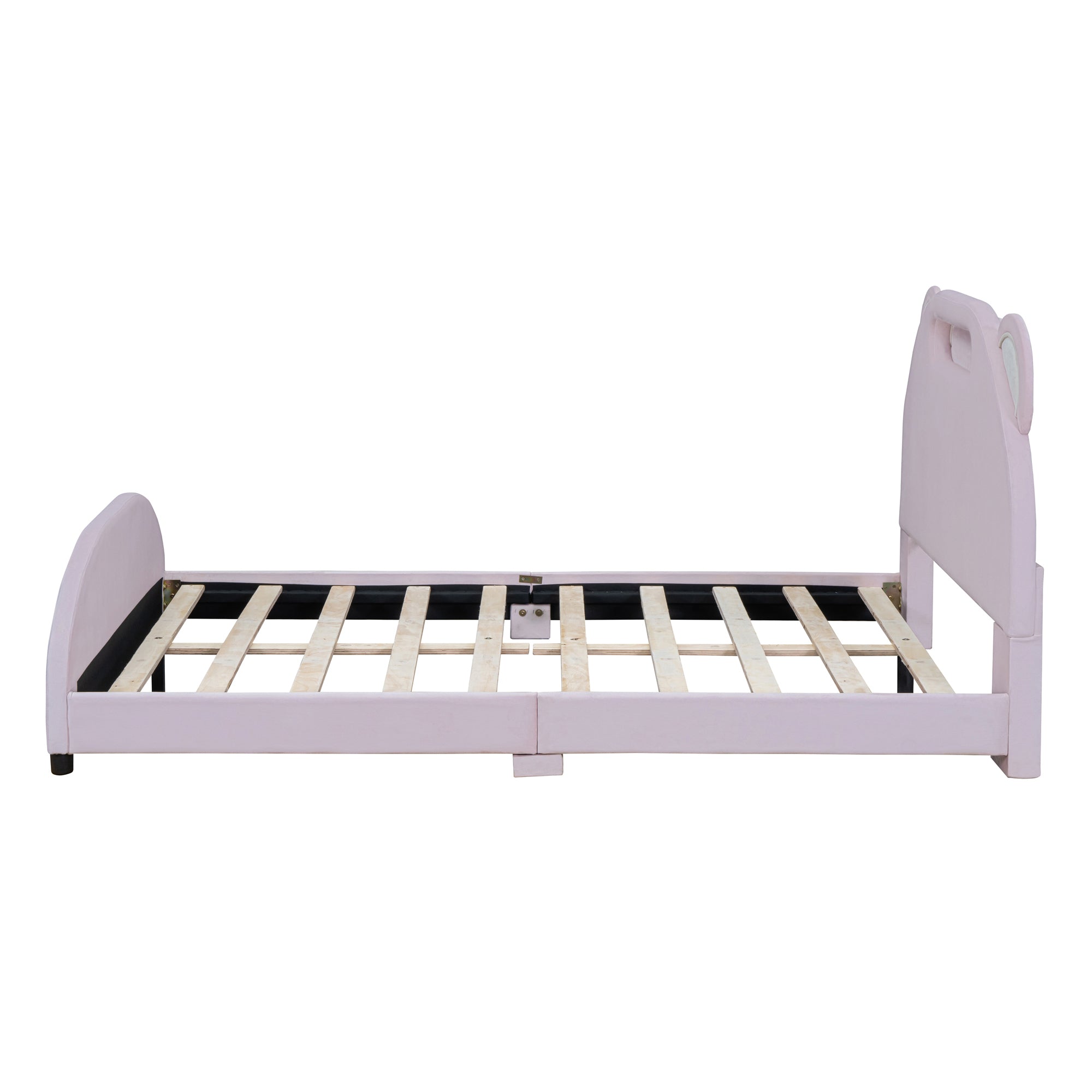 Full Size Upholstered Platform Bed with Bear-Shaped Headboard and Embedded Light Stripe, Velvet, Pink - Atlantic Fine Furniture Melbourne FL