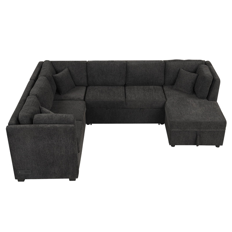 108. 6" U-Shaped Sectional Sofa Pull Out Sofa Bed With Two USB Ports, Two Power Sockets, Three Back Pillows And A Storage Chaise For Living Room, Black