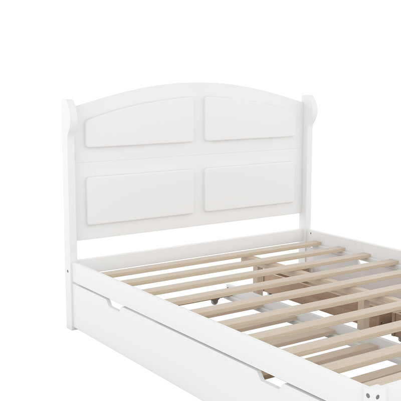 Wood Queen Size Platform Bed with Twin Size Trundle and 2 Drawers, White