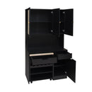 Kitchen Pantry Storage Cabinet, Modern Buffet Cabinet With Kitchen Cart, Tall Kitchen Hutch Cabinet With Microwave Stand, Food Pantry Cabinet With 3 Rattan Doors And Adjustable Shelves - Black