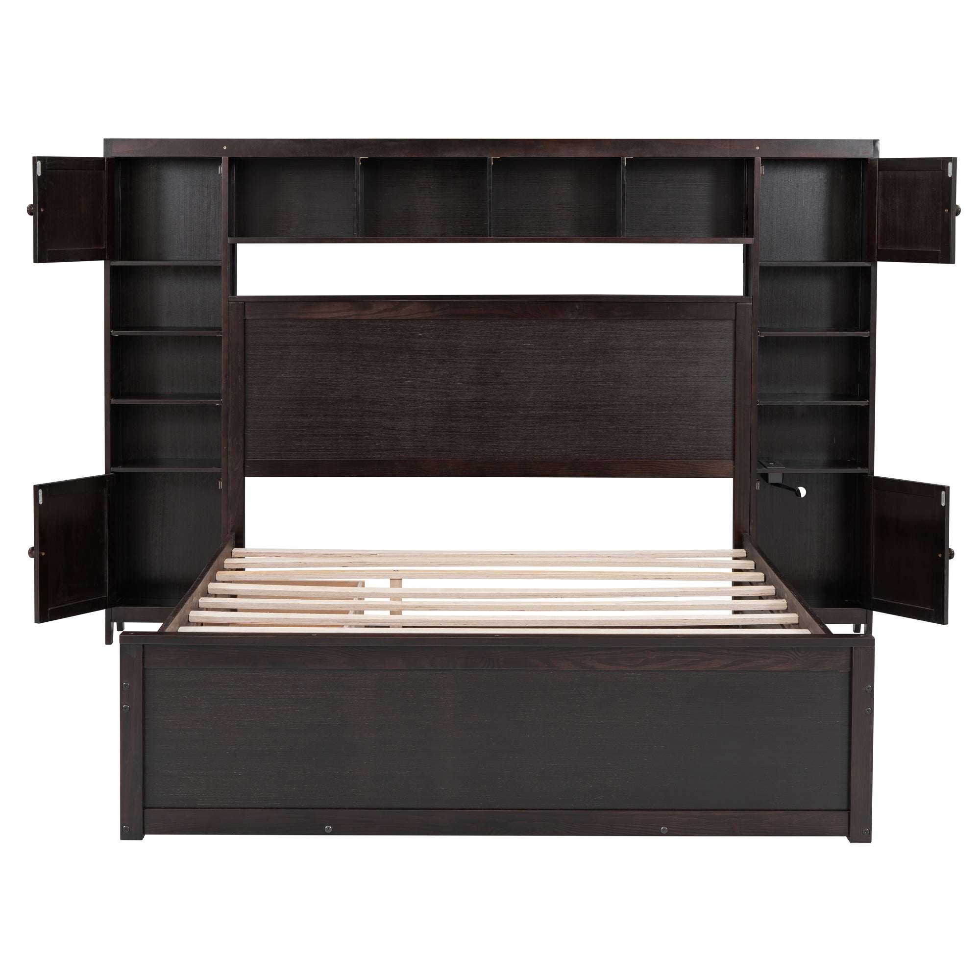 Queen Size Wooden Bed With All-in-One Cabinet, Shelf and Sockets, Espresso - Atlantic Fine Furniture Melbourne FL