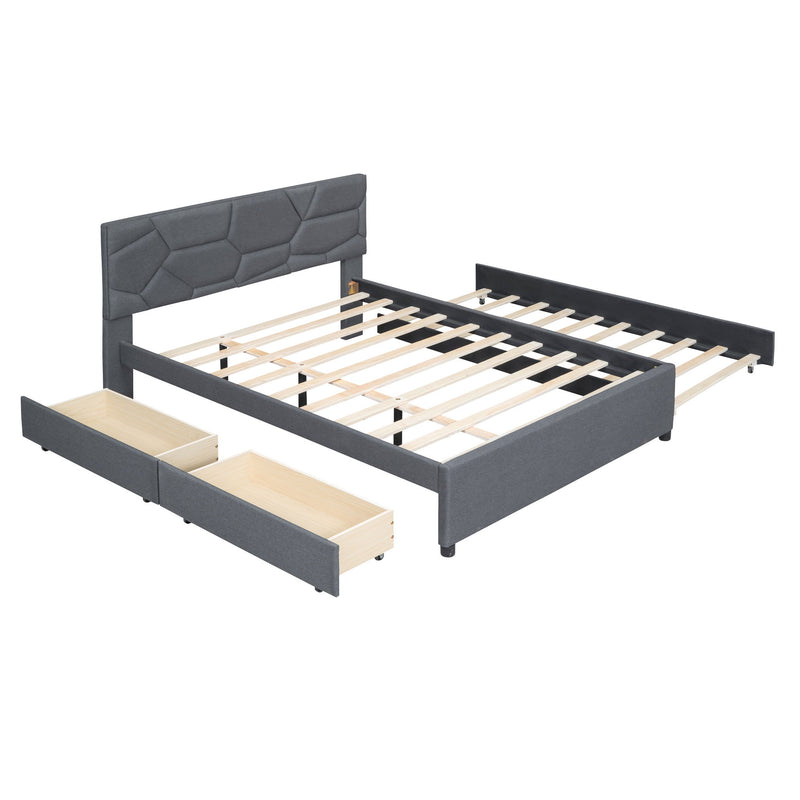 Upholstered Platform Bed With Brick Pattern Headboard And Twin Long Size Trundle