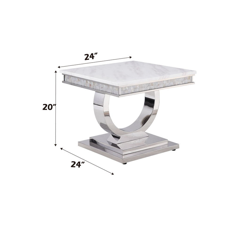 Zander - End Table - White Printed Faux Marble Top & Mirrored Silver
