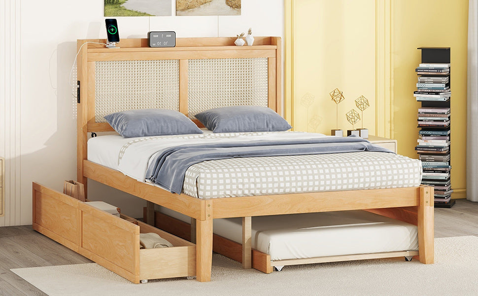 Full Size Elegant Bed Frame with Rattan Headboard and Sockets ,Walnut - Atlantic Fine Furniture Melbourne FL
