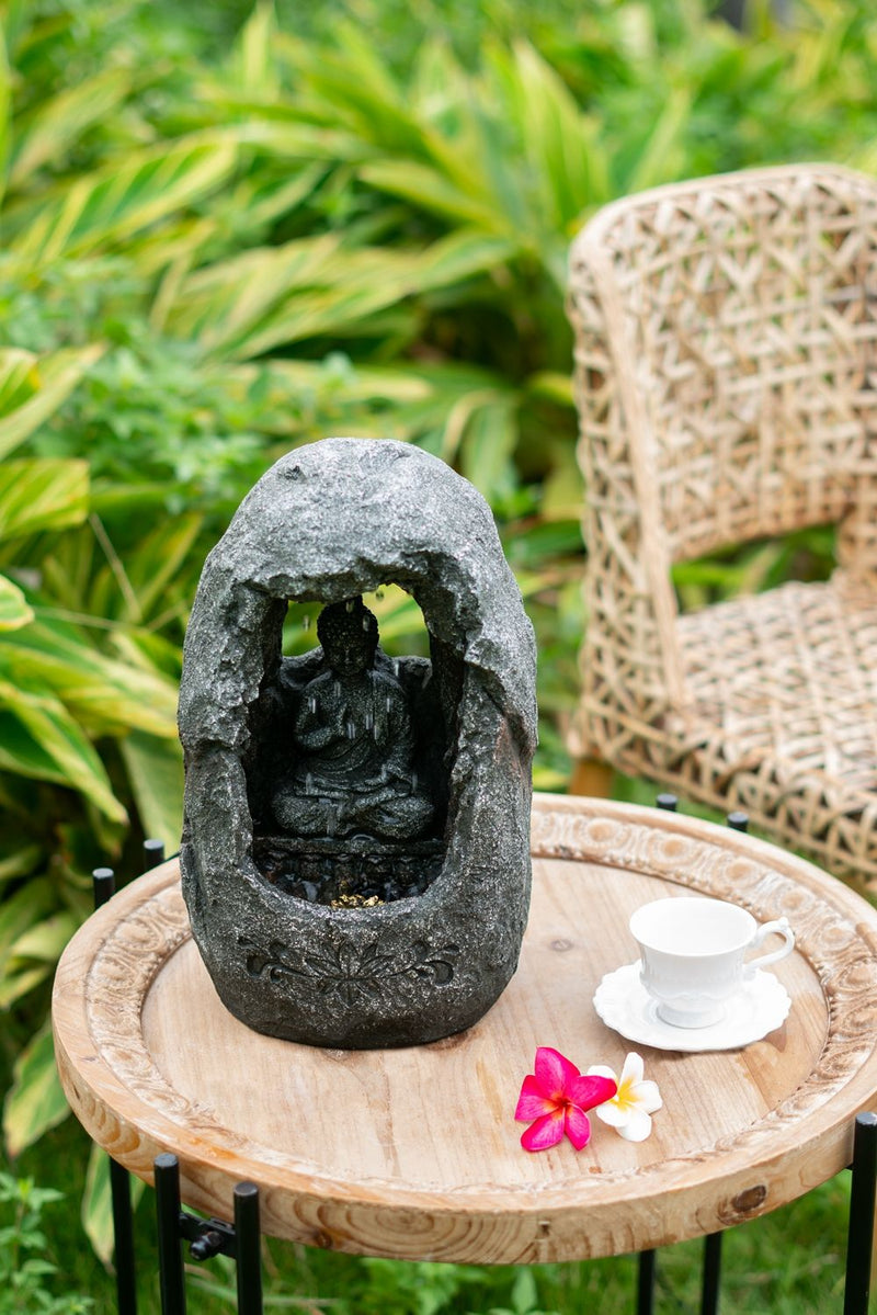 Decorative Tabletop Water Fountain With Sitting Buddha And LED Light, For Indoor Outdoor - Gray