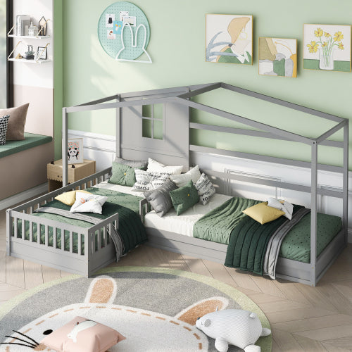 Wood House Bed Twin Size, 2 Twin Solid Bed L structure with fence and slatted frame, Gray - Atlantic Fine Furniture Melbourne FL