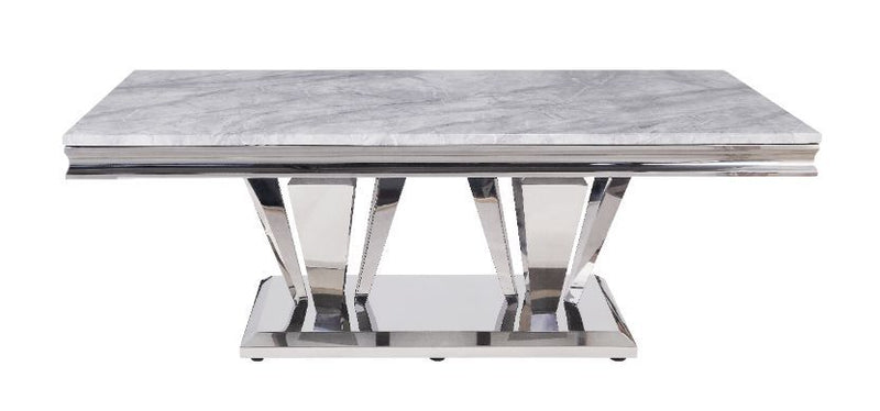 Satinka - Coffee Table - Light Gray Printed Faux Marble & Mirrored Silver Finish - Atlantic Fine Furniture Inc