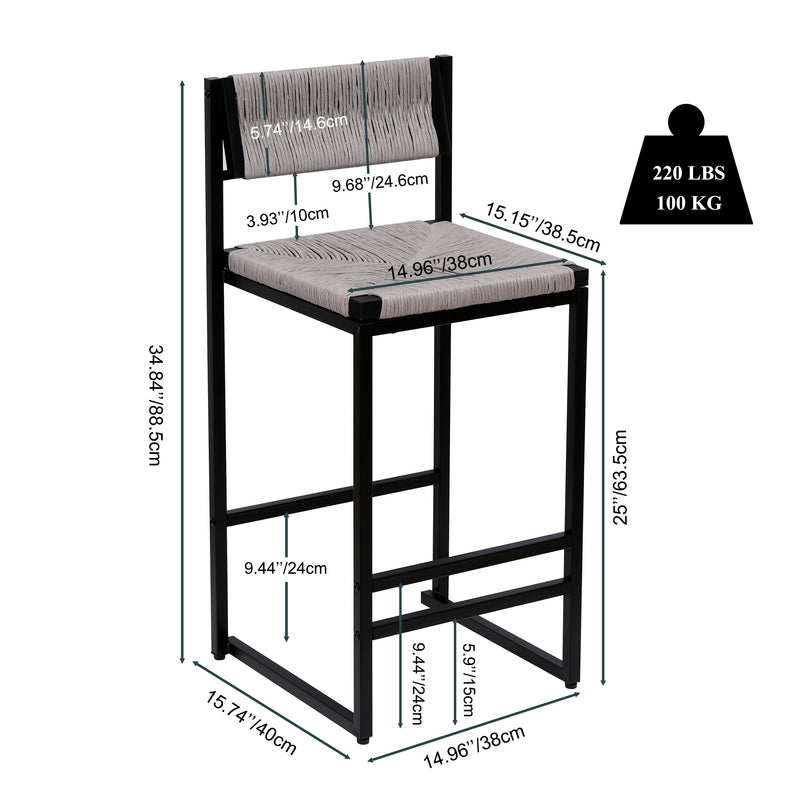 Bar Stools Paper Rope Weave Dining Chairs With Back Hand Weave Stools For Kichen Island, Bar & Counter (Set of 2)