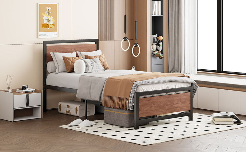 Platform Bed, Metal And Wood Bed Frame With Headboard And Footboard