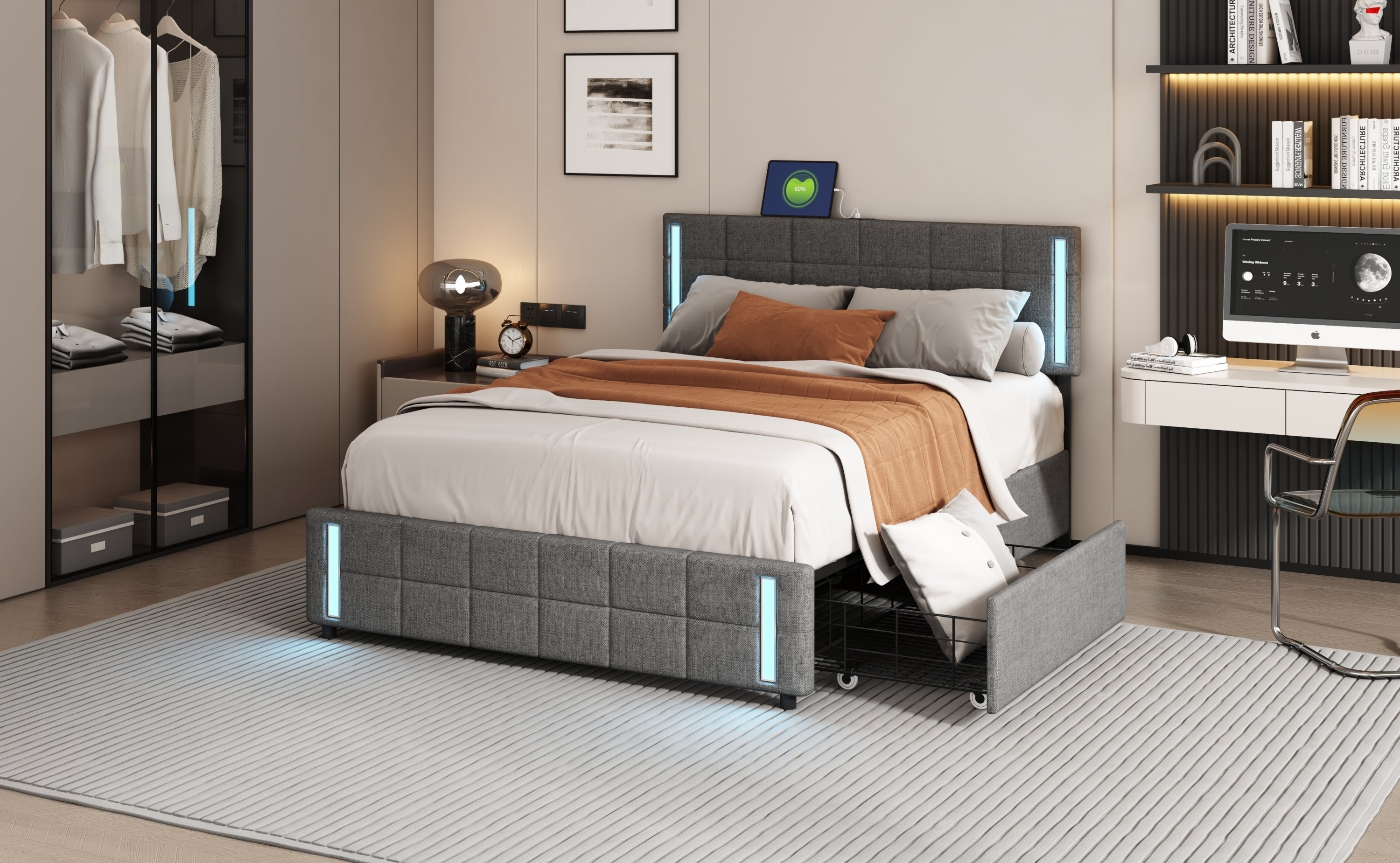 Queen Size Upholstered Platform Bed with LED Lights and USB Charging, Storage Bed with 4 Drawers, Gray(Linen) - Atlantic Fine Furniture Melbourne FL