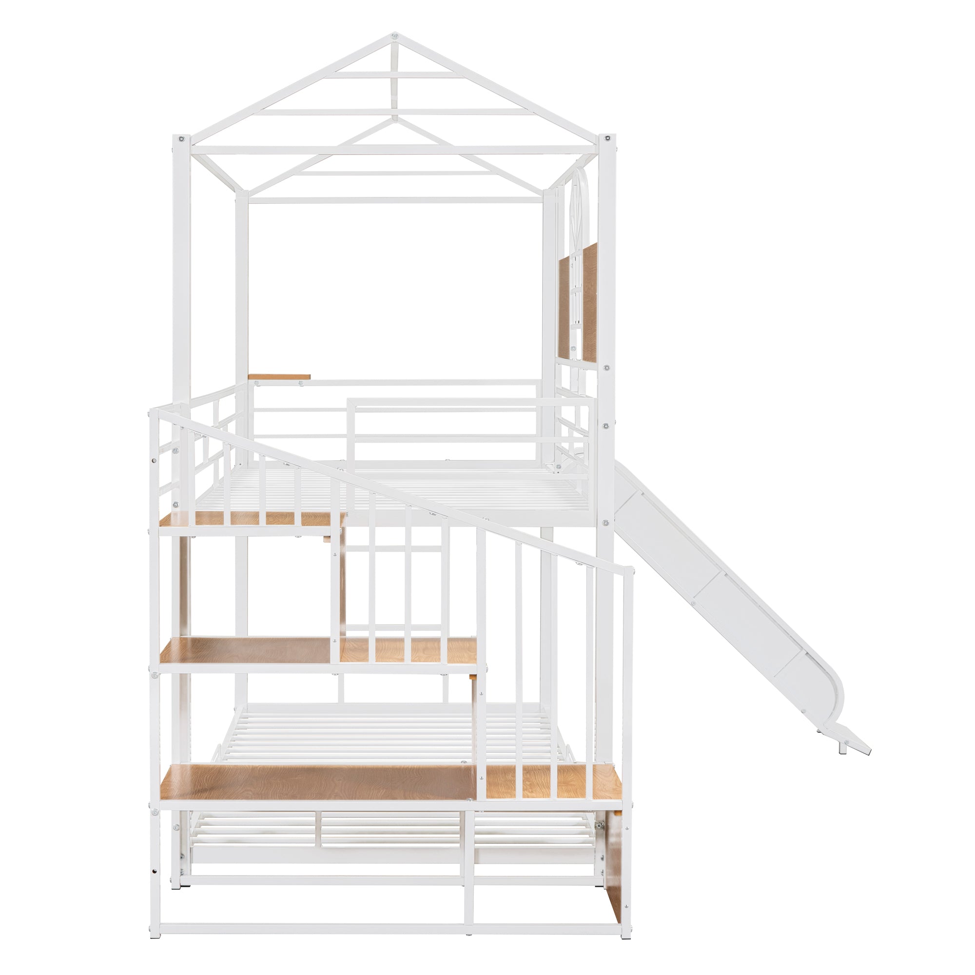 Twin Over Twin Metal Bunk Bed, Metal Housebed with Slide and Storage Stair, White with White Slide - Atlantic Fine Furniture Melbourne FL